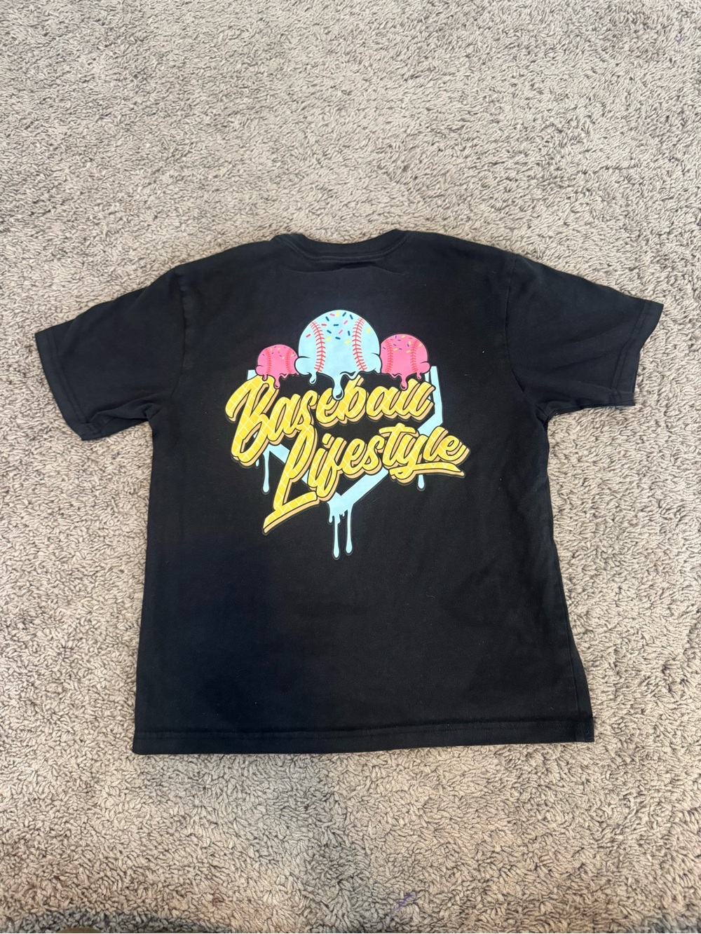 Baseball lifestyle Kids Black Graphic Tee with Colorful Drip Logo SZ YM - Picture 4 of 5